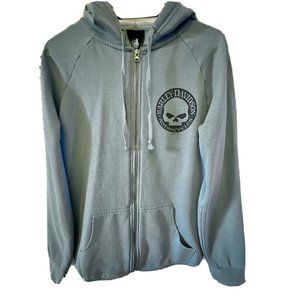Harley Davidson Womens Light Blue Boise, ID Skull Print  Full Zip Hoodie Size S